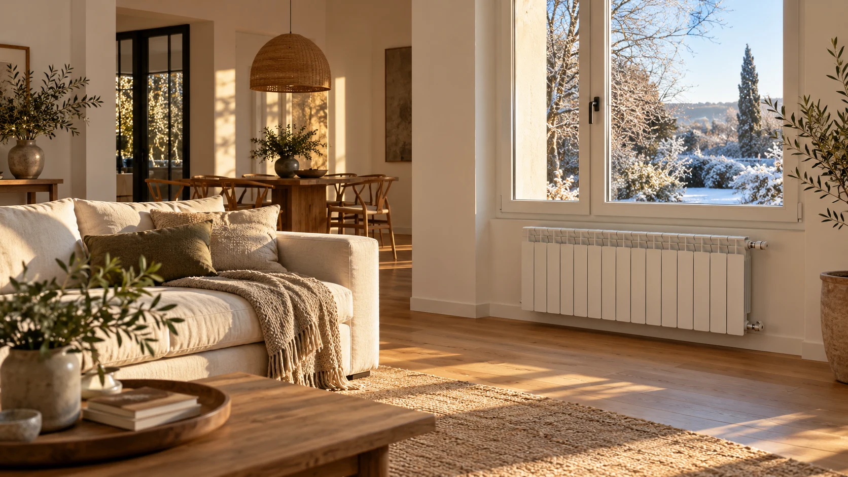Salón cálido y luminoso en invierno, con un radiador convencional junto a una ventana